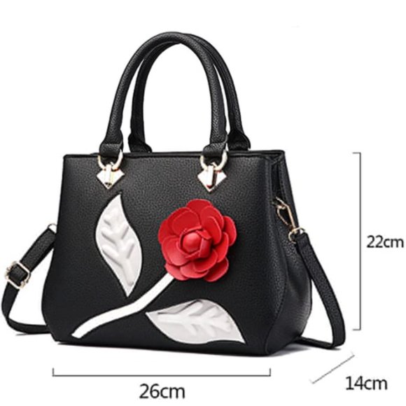 Black Leather Handbag with 3D Rose Design - Picture 2 of 5